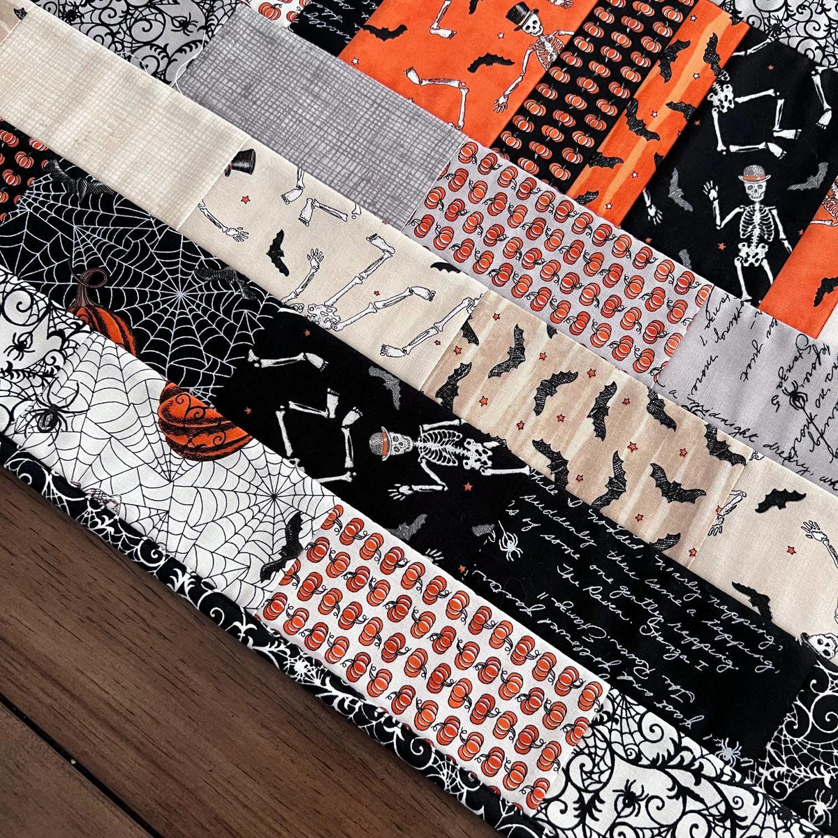 Ghostly Greetings Halloween Quilted Table Runner, 17" x 40", Orange Black White Beige Gray Halloween Topper Table Quilt