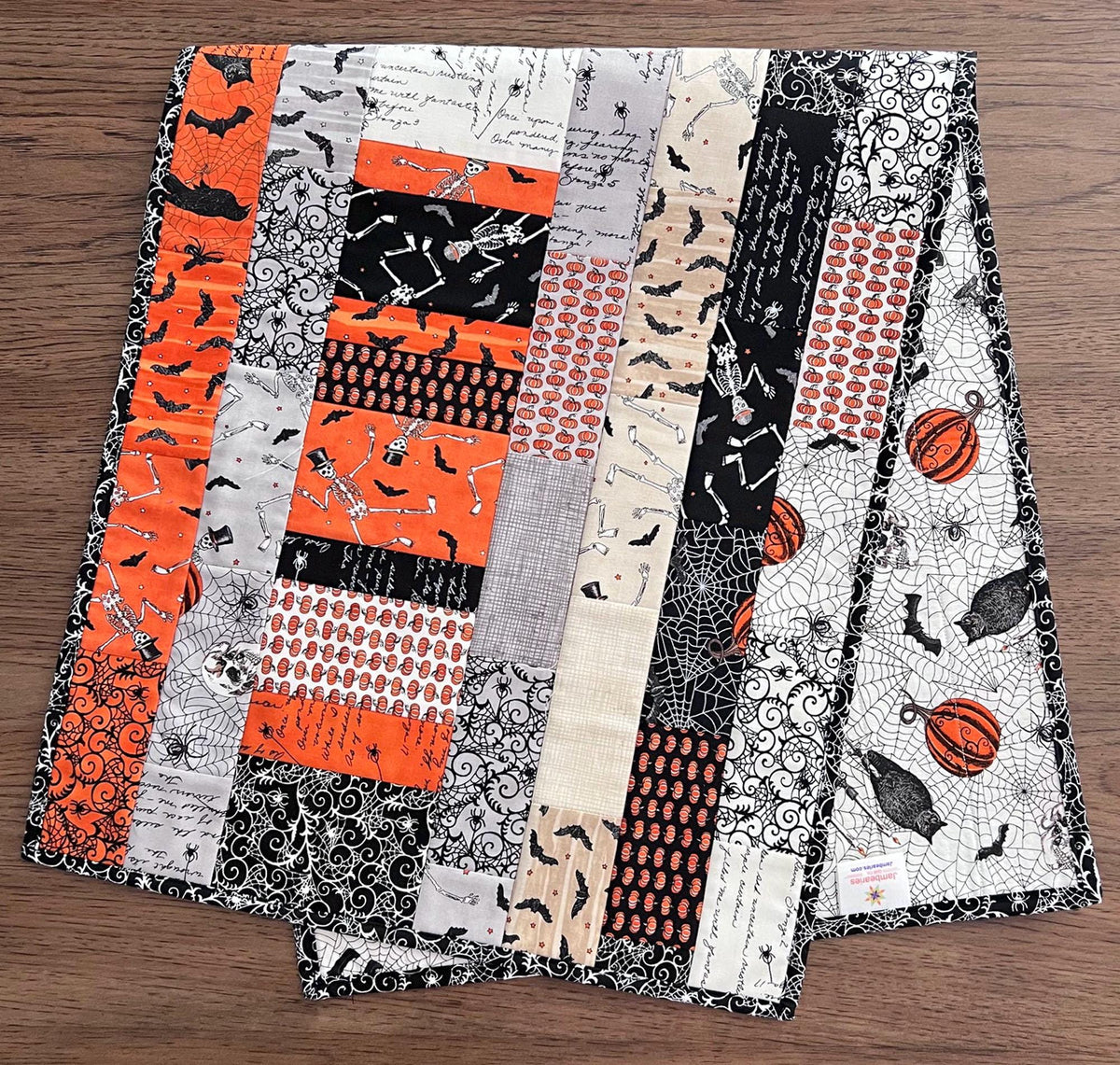 Ghostly Greetings Halloween Quilted Table Runner, 17" x 40", Orange Black White Beige Gray Halloween Topper Table Quilt
