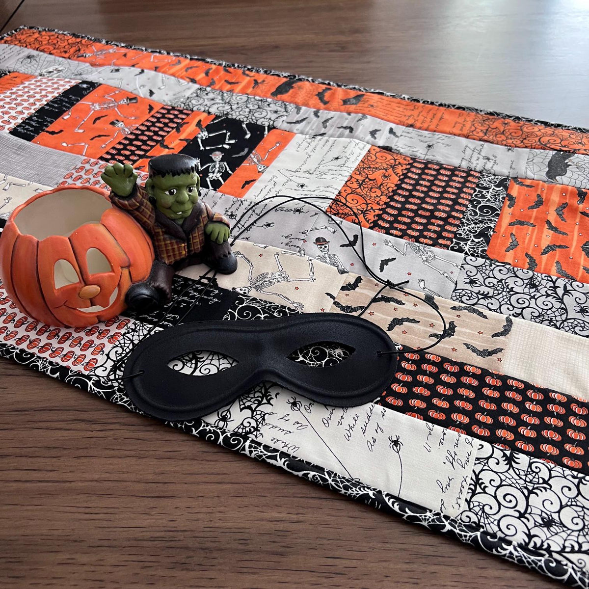 Ghostly Greetings Halloween Quilted Table Runner, 17" x 40", Orange Black White Beige Gray Halloween Topper Table Quilt