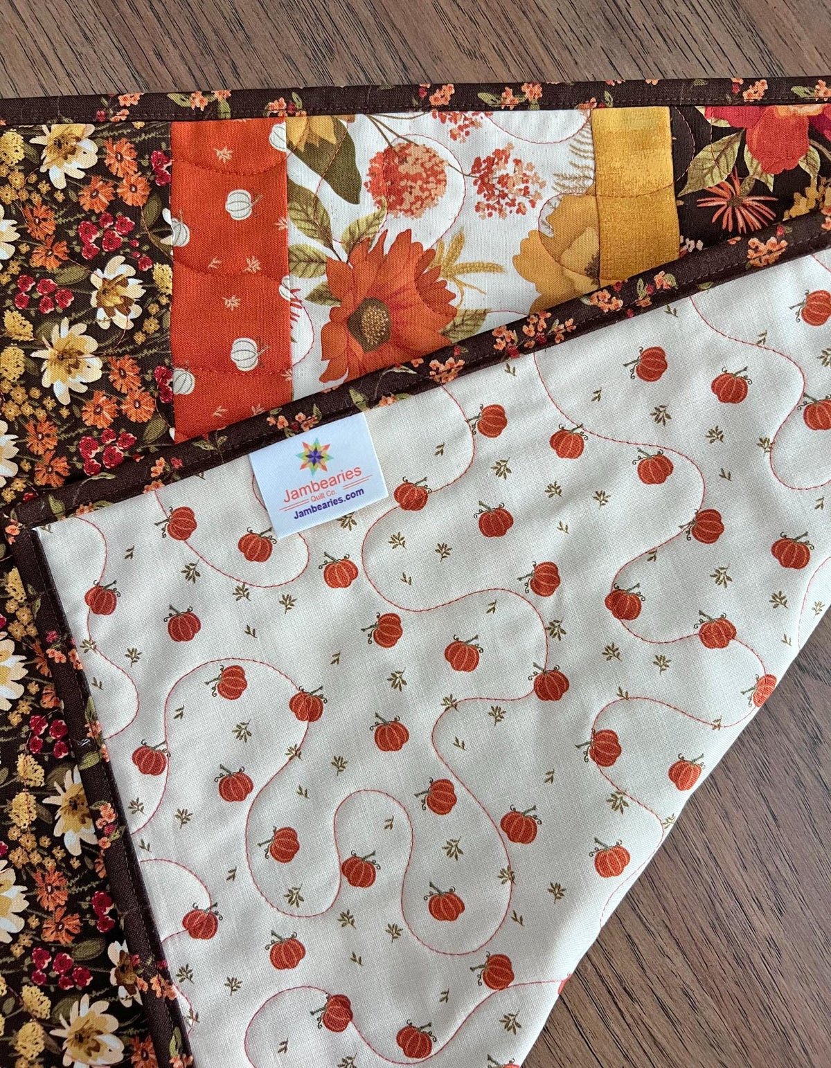 Autumn Floral Striped Quilted Table Runner, 16" x 55.5", Riley Blake Bountiful Table Topper Quilt