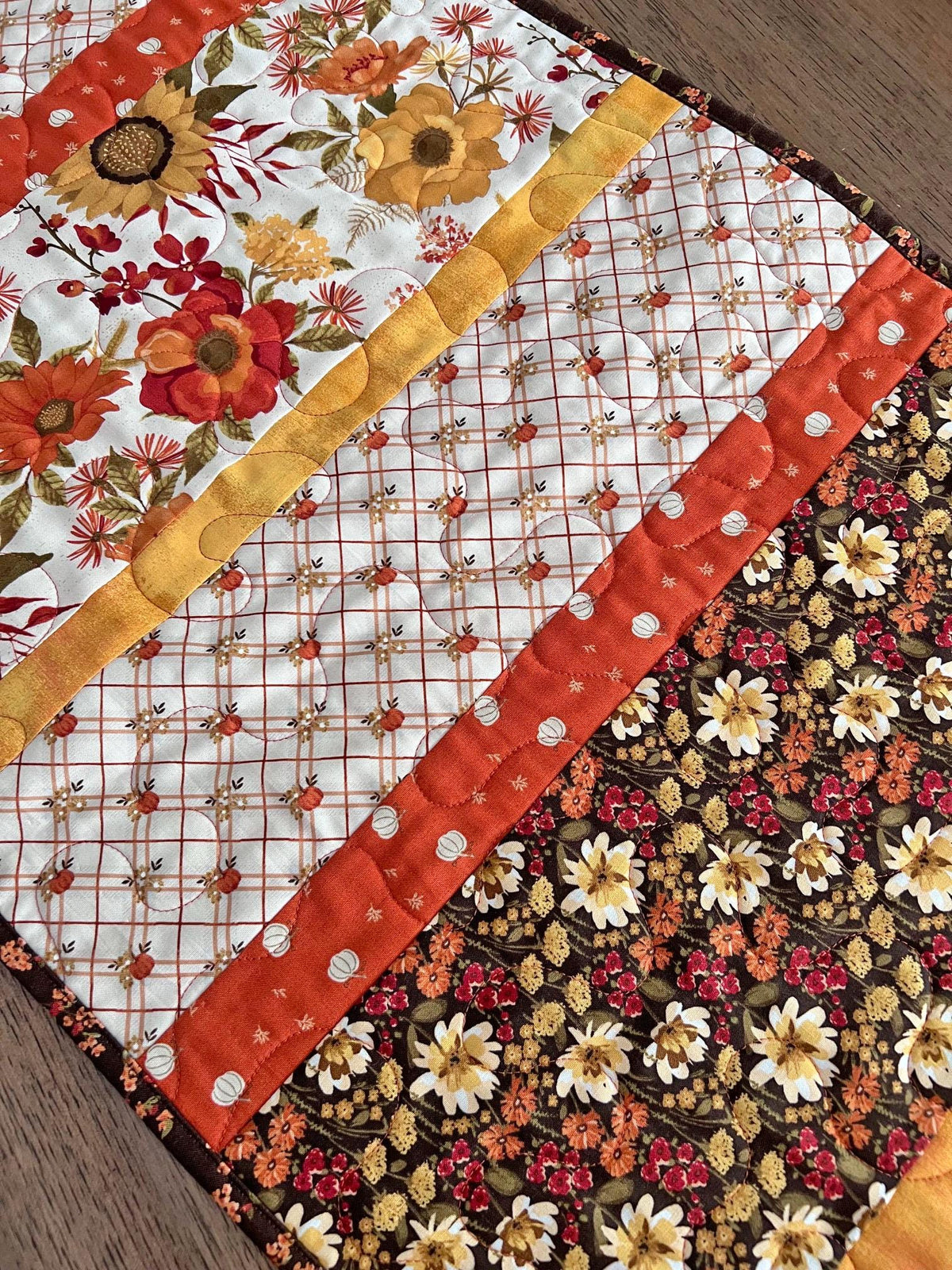 Autumn Floral Striped Quilted Table Runner, 16" x 55.5", Riley Blake Bountiful Table Topper Quilt