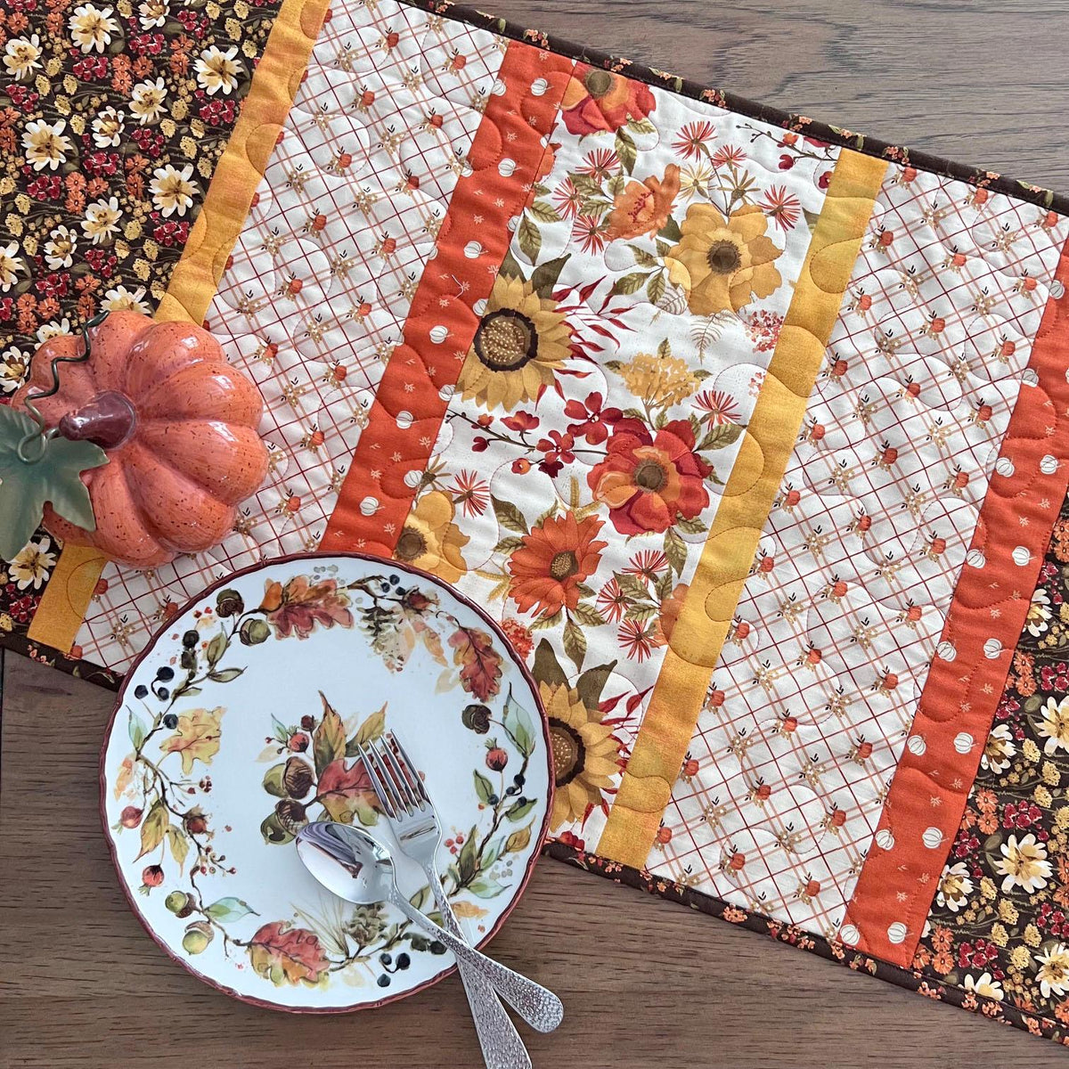 Autumn Floral Striped Quilted Table Runner, 16" x 55.5", Riley Blake Bountiful Table Topper Quilt