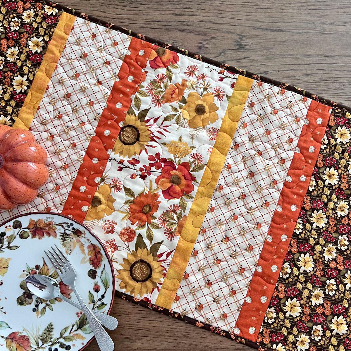 Autumn Floral Striped Quilted Table Runner, 16" x 55.5", Riley Blake Bountiful Table Topper Quilt