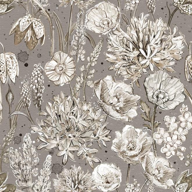 Botanical Sketchbook - Packed Florals on Taupe Fabric, White Owl W115-016-770, Taupe Black Gray Cream Floral Fabric, Lumin, By the Yard