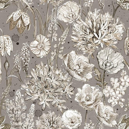 Botanical Sketchbook - Packed Florals on Taupe Fabric, White Owl W115-016-770, Taupe Black Gray Cream Floral Fabric, Lumin, By the Yard