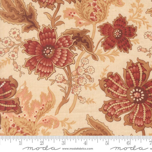 Le Jardin Rouge - Red Taupe Tan Flowers on Cream Fabric, Moda 36150 14 Pearl, Cream Floral Cotton Fabric, French General, By the Yard