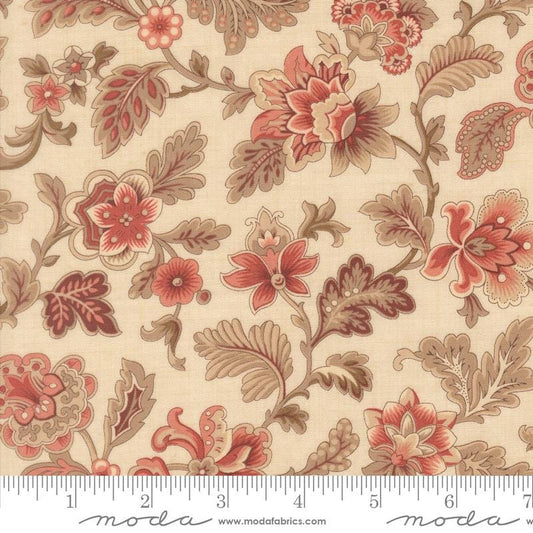 Le Jardin Rouge - Red Taupe Tan Flowers on Cream Fabric, Moda 36152 16 Pearl, Cream Floral Cotton Fabric, French General, By the Yard