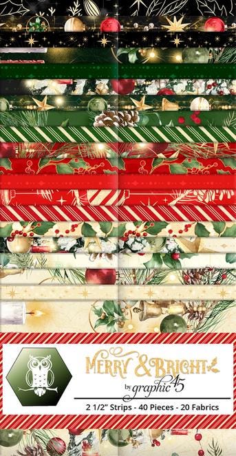 Merry and Bright 2.5" Fabric Strips, White Owl Fabrics MERRYANDBRIGHT-25, 2.5" Precut Traditional Christmas Xmas Floral Quilt Fabric Strips