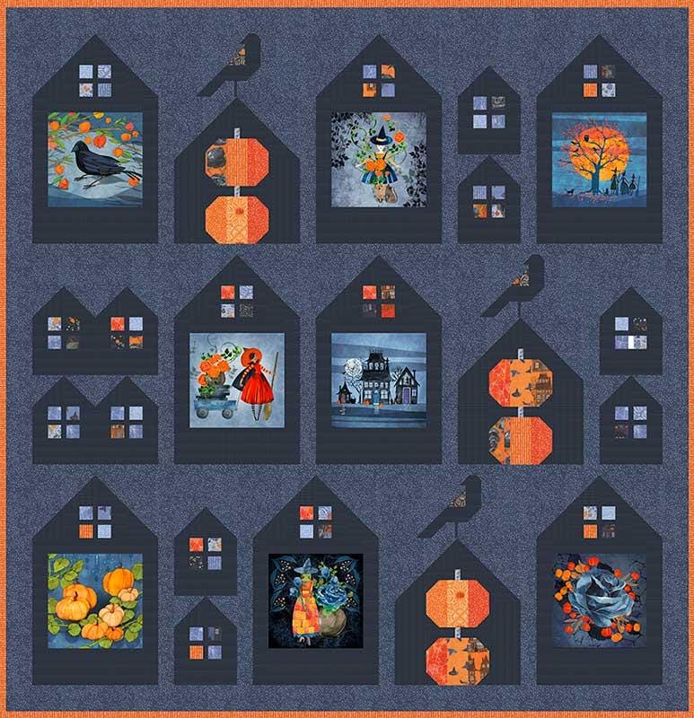 Neighborhood Views Quilt Pattern, Robin Pickens RPQPNV177, Charm Pack Panel Block Friendly Halloween House Crow Pumpkin Throw Quilt Pattern