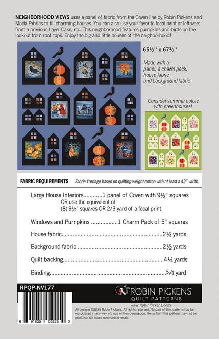 Neighborhood Views Quilt Pattern, Robin Pickens RPQPNV177, Charm Pack Panel Block Friendly Halloween House Crow Pumpkin Throw Quilt Pattern