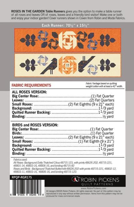 Roses in the Garden Table Runner Quilt Pattern, Robin Pickens RPQPRGR175, FQ Fat Quarter Friendly Halloween Crow Flowers Quilt Pattern