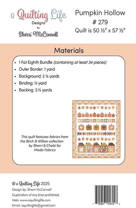 Pumpkin Hollow Sampler Row Quilt Pattern, Quilting Life Designs QLD279, F8 Fat Eighths Friendly Autumn Fall Throw Quilt Pattern, McConnell