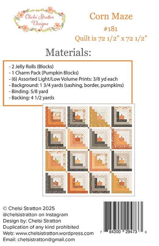Corn Maze Throw Quilt Pattern, Chelsi Stratton Designs CSD181, Jelly Roll Charm Pack Friendly Autumn Fall Pumpkins Log Cabin Quilt Pattern