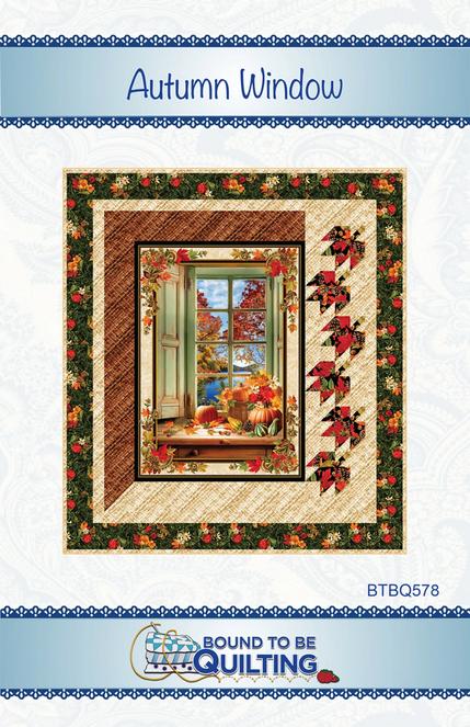 Autumn Window Panel Frame Quilt Pattern, Bound to Be Quilting BTBQ578, Vertical Fabric Panel Friendly Fall Leaves Throw Quilt Pattern