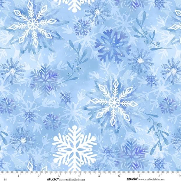 108" Ice Stellar - Blue White Snowflakes Wide Back Fabric, Studio E 9191-11 Mist Blue, Winter Xmas Wide Quilt Backing Fabric, By the Yard