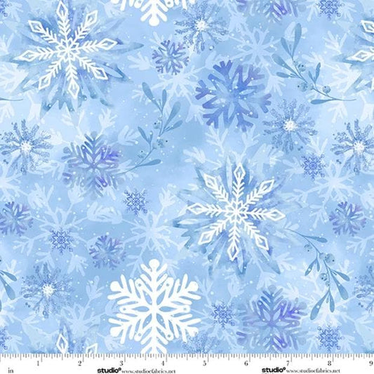 108" Ice Stellar - Blue White Snowflakes Wide Back Fabric, Studio E 9191-11 Mist Blue, Winter Xmas Wide Quilt Backing Fabric, By the Yard