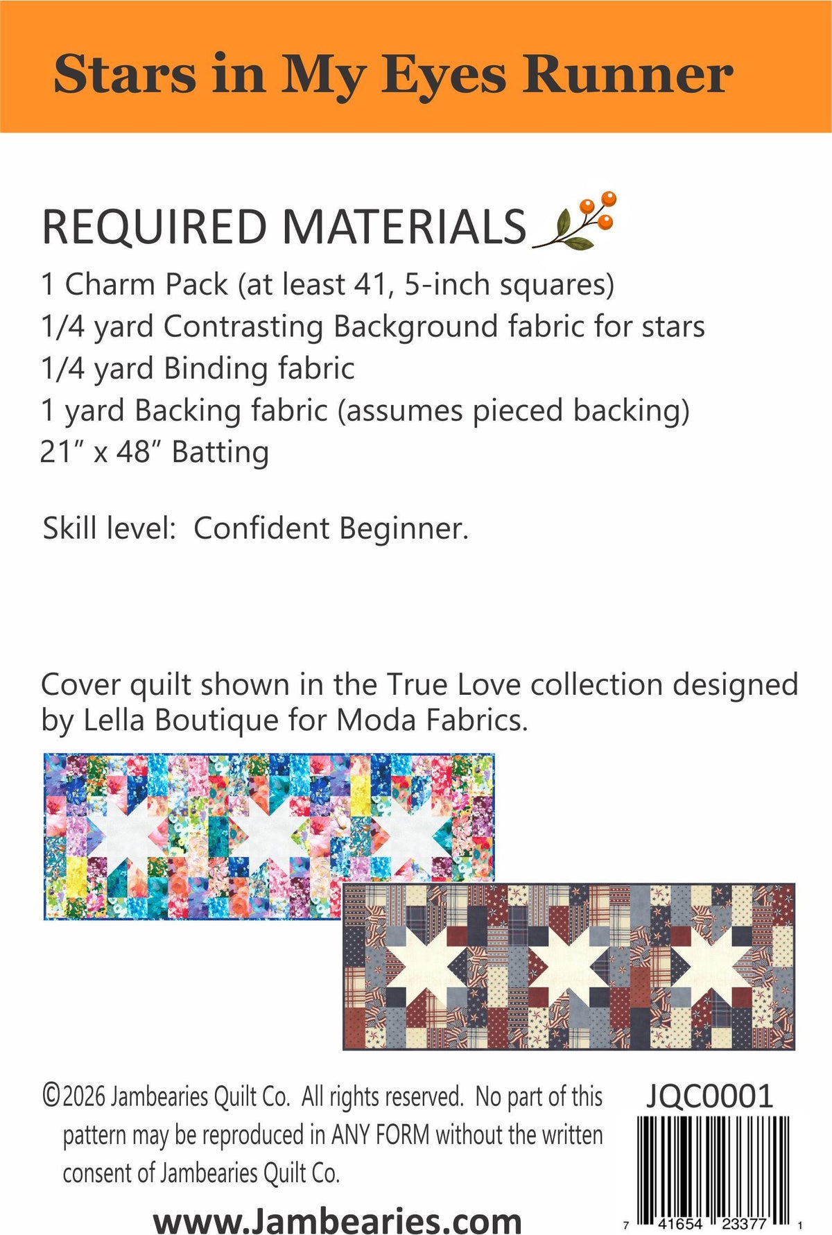 PDF Stars in My Eyes Table Runner Quilt Pattern, Jambearies Quilt Co JQC0001, 5" Precut Charm Pack Friendly Star Table Topper Quilt Pattern