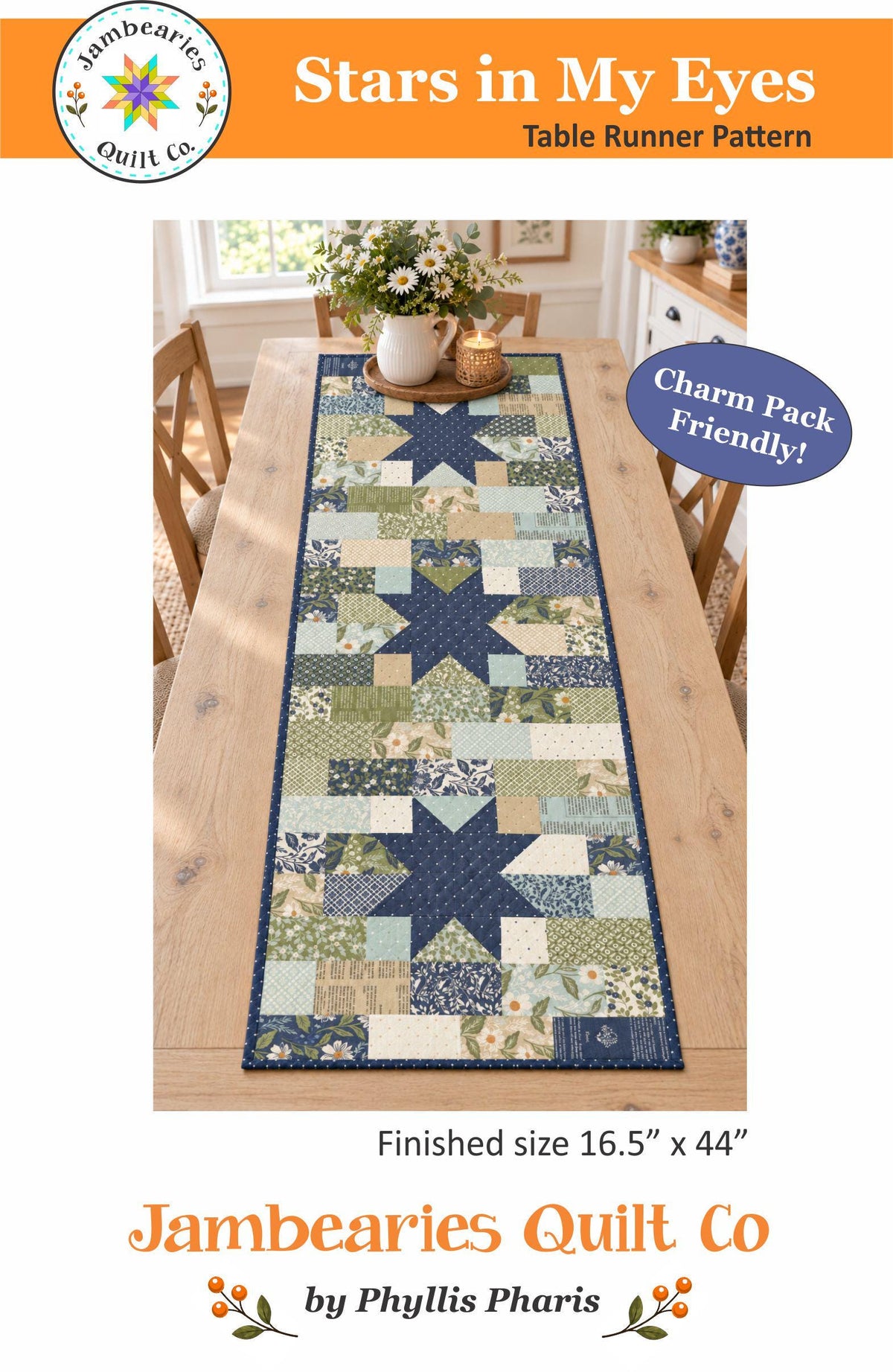 PDF Stars in My Eyes Table Runner Quilt Pattern, Jambearies Quilt Co JQC0001, 5" Precut Charm Pack Friendly Star Table Topper Quilt Pattern
