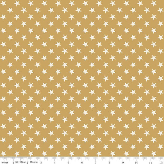 Independence - White Stars on Gold Fabric, Riley Blake C17337-Gold, Gold White Patriotic Cotton Quilt Blender Fabric, By the Yard