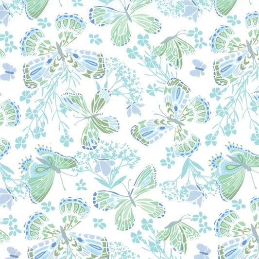 Aria - Blue Mint Green Butterflies Fabric, Moda 27230 17, Kate Spain, Pastel Butterfly Cotton Fabric, By the Yard