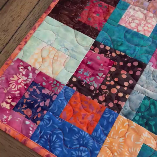 Multicolored Batik Quilted Table Runner, Orange Blue Teal Brown Batik Table Runner
