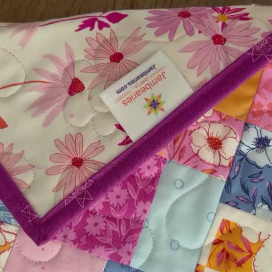 Pink Blue Gold Floral Quilted Table Runner, 19" x 39.75"