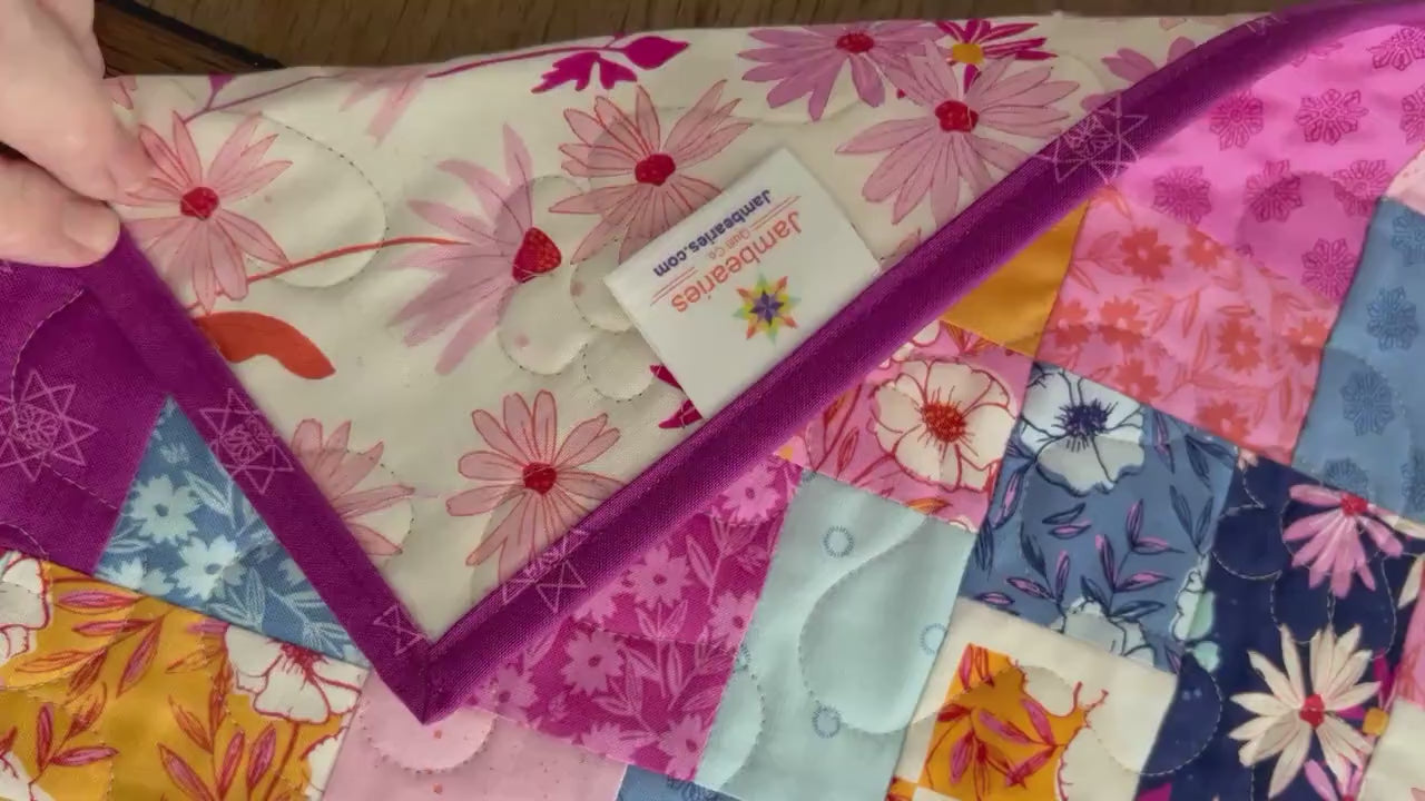 Pink Blue Gold Floral Quilted Table Runner, 19" x 39.75"