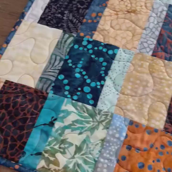 Blue Brown Batik Quilted Table Runner, Moda Blue Ridge Batiks Table Quilt