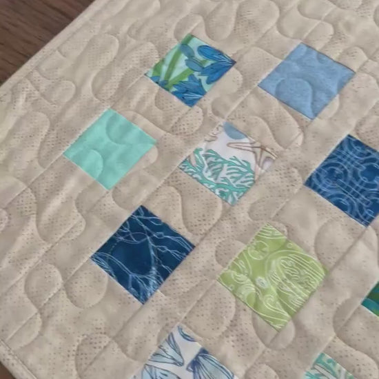 Blue Green Tan Coastal Quilted Table Runner, 15.5" x 54"
