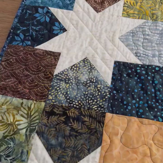 Blue Brown Batik Star Quilted Table Topper, 26.5" x 26.75"