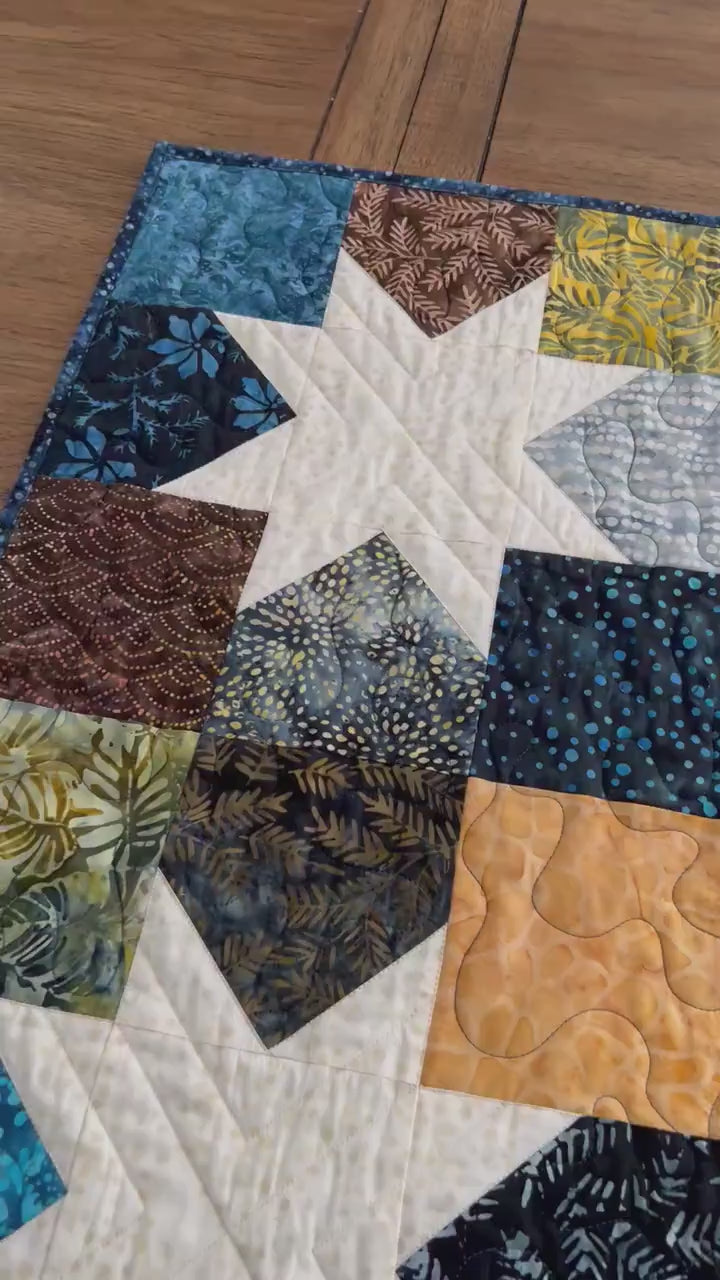 Blue Brown Batik Star Quilted Table Topper, 26.5" x 26.75"