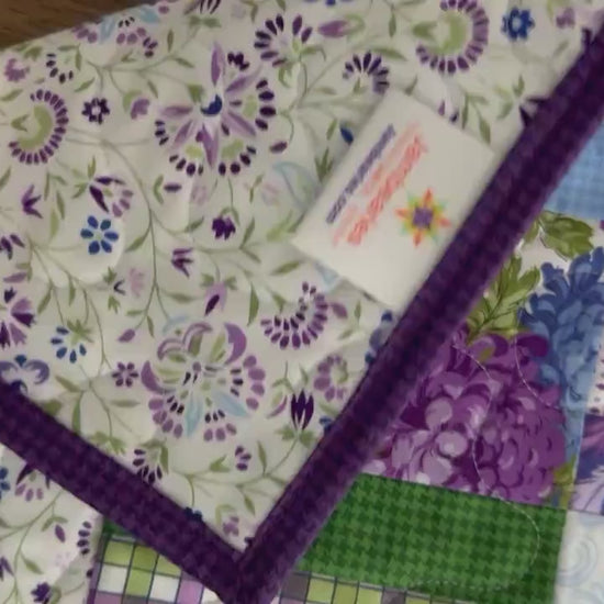 Purple Green Floral Patchwork Quilted Table Runner, 18.25" x 40.25"