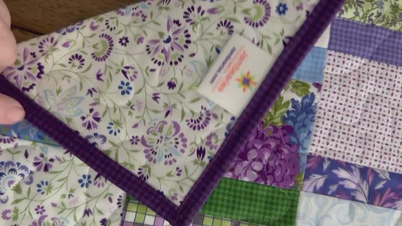 Purple Green Floral Patchwork Quilted Table Runner, 18.25" x 40.25"