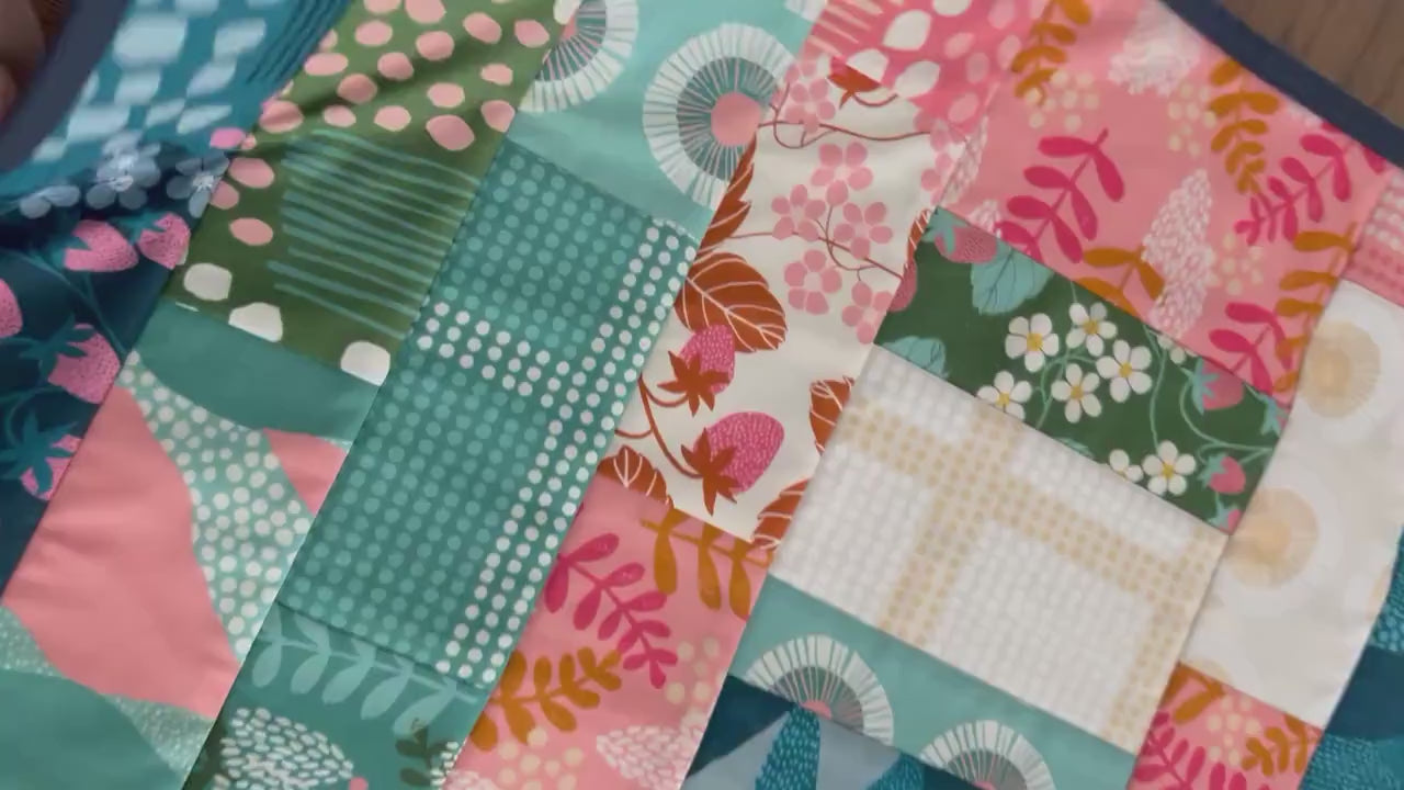 Navy Blue Pink Teal Floral Quilted Table Runner, 17" x 40"
