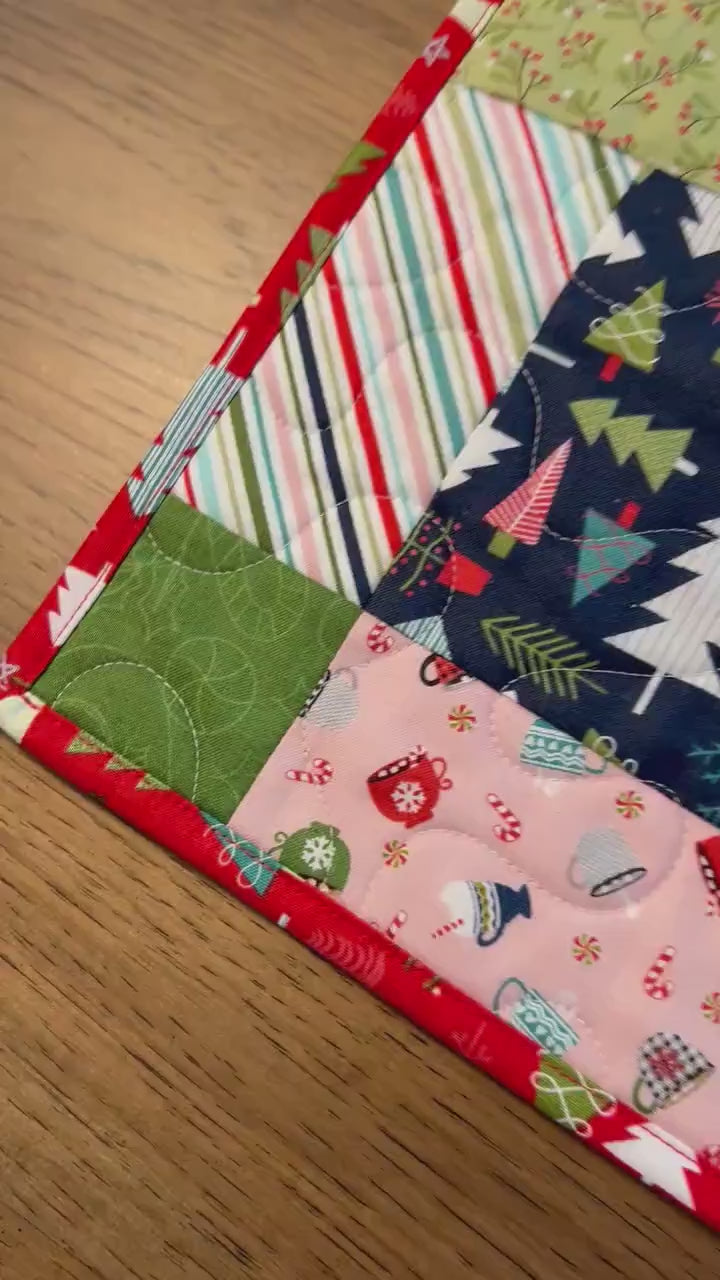 Cup of Cheer Christmas Quilted Table Topper, 26.5" Square Table Topper