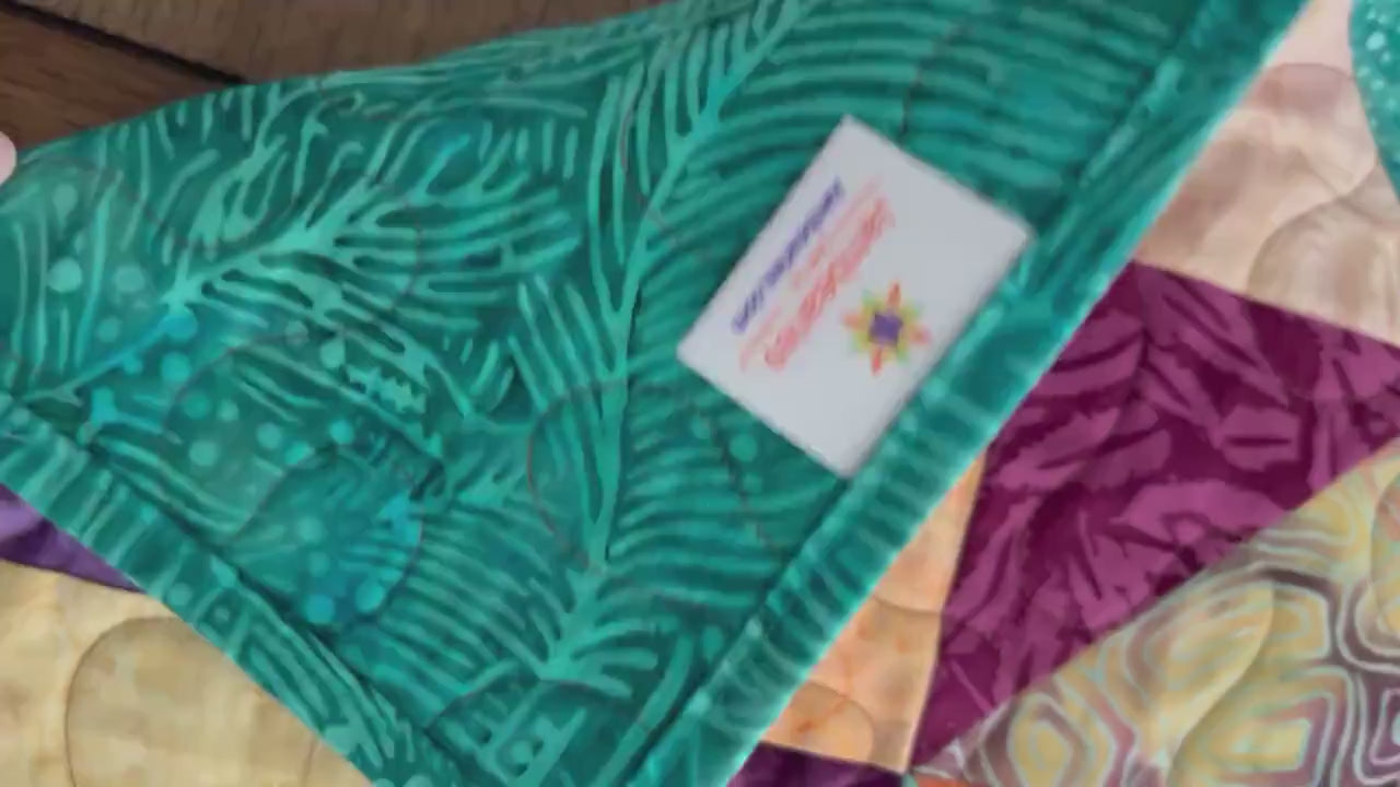 Teal Rust Purple Batik Chevron Quilted Table Runner, 16.5" x 40"