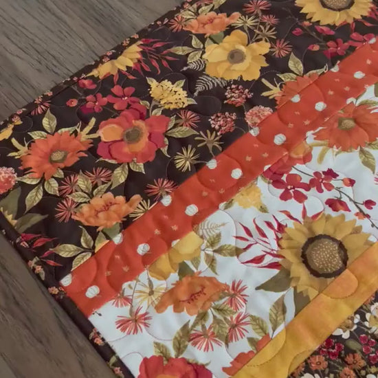 Autumn Floral Striped Quilted Table Runner, 16" x 55.5"