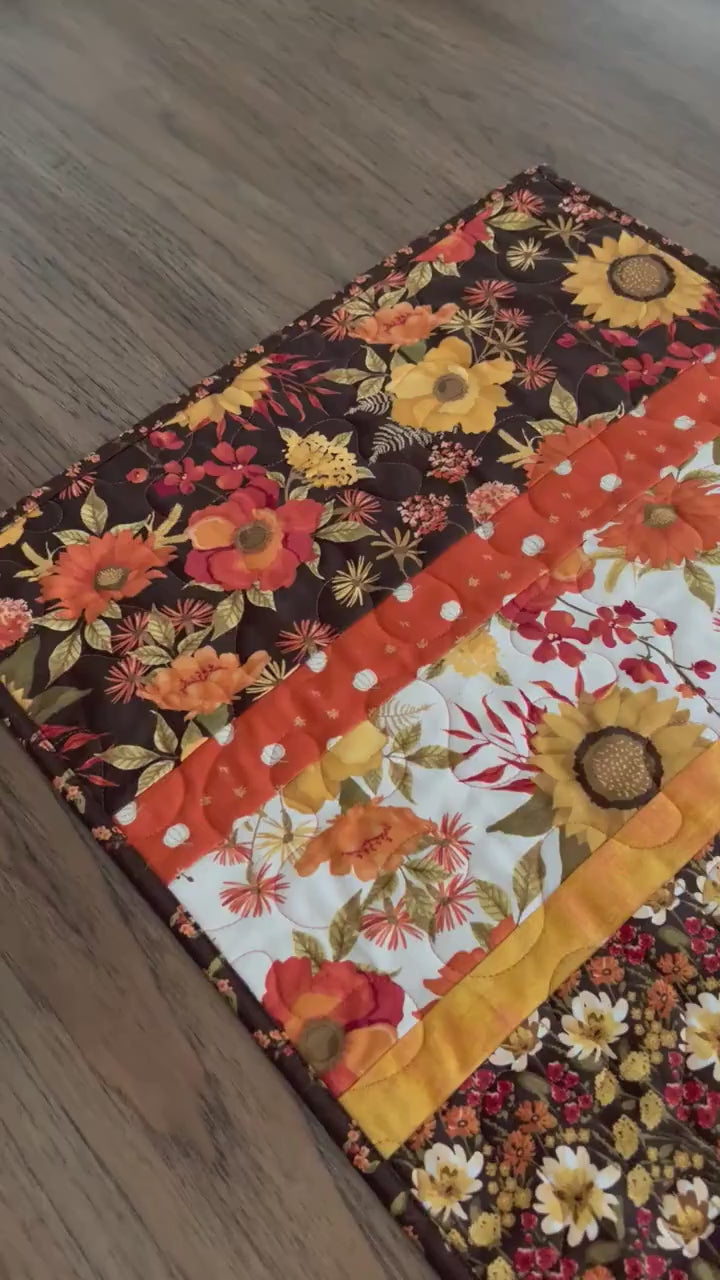 Autumn Floral Striped Quilted Table Runner, 16" x 55.5"