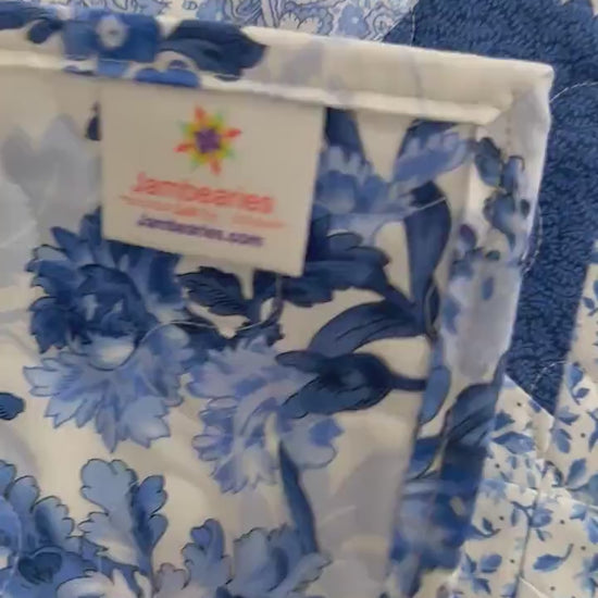 Blue White Floral Twister Quilted Table Topper, 18.25" x 36.25"