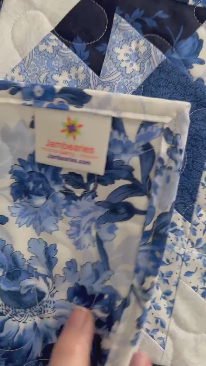 Blue White Floral Twister Quilted Table Topper, 18.25" x 36.25"