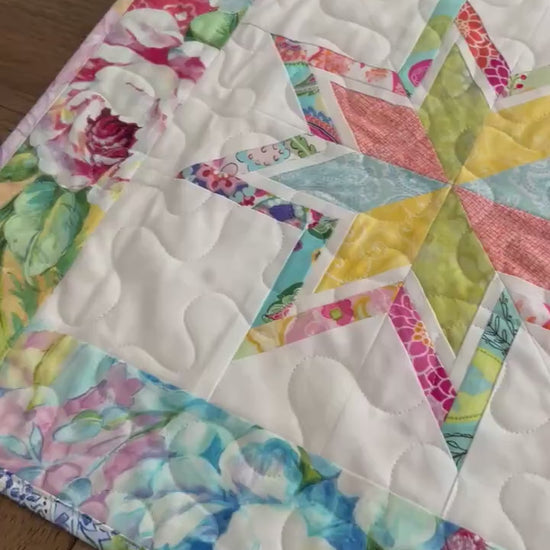 Multicolored Floral Stars Quilted Table Runner, 17" x 40"