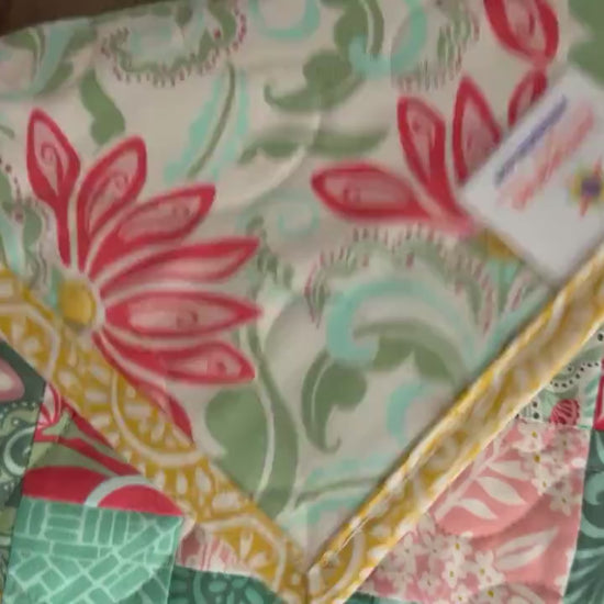 Pink Green Yellow Floral Quilted Table Runner, 16.5" x 40.5"