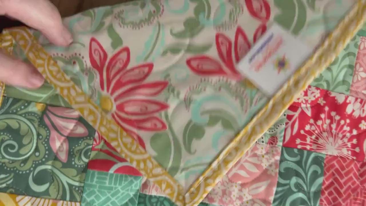 Pink Green Yellow Floral Quilted Table Runner, 16.5" x 40.5"