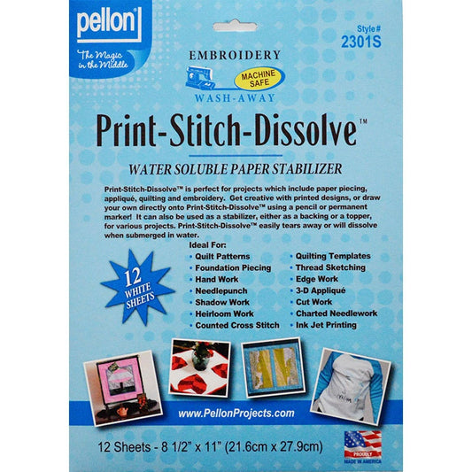 Print Stitch Dissolve, Pellon 2301S, Water Soluble Paper Stabilizer, Wash Away Stabilizer for Embroidery Applique Foundation Piecing