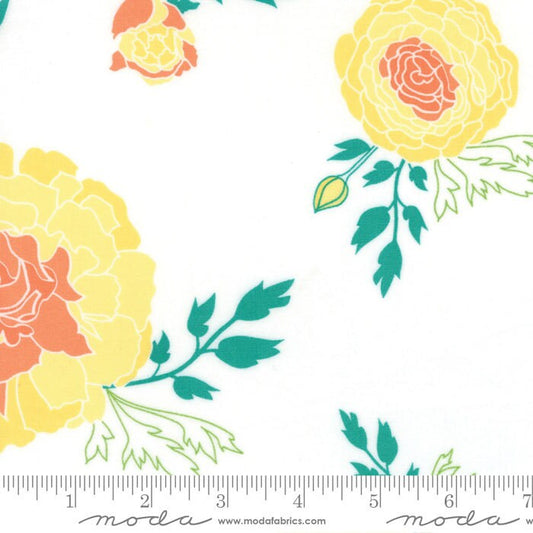 LAST CALL Acreage - Scroll Cloud Yellow Flowers on White Fabric, Moda 45500 11, White Yellow Floral Fabric, By the Yard