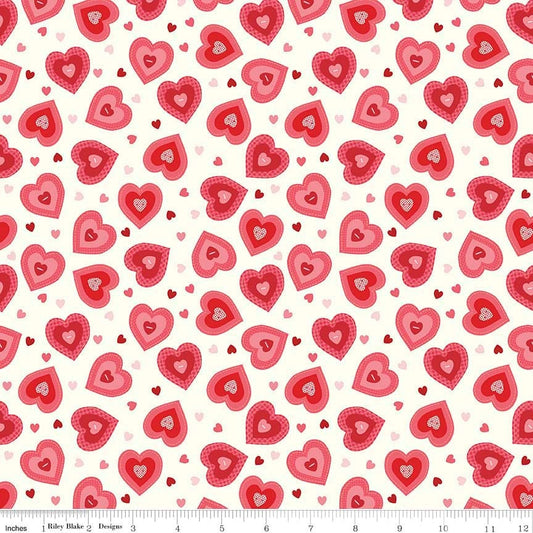 Kewpie Love - Hearts on Cream Fabric, Riley Blake C5825-Cream, Red Pink Hearts on Cream Valentine's Day Fabric, By the Yard