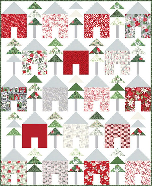 Chalet Quilt Pattern, Kate Spain KS1605, Layer Cake Friendly, Christmas Xmas Trees Winter Quilt Pattern, Trees Houses Quilt Pattern