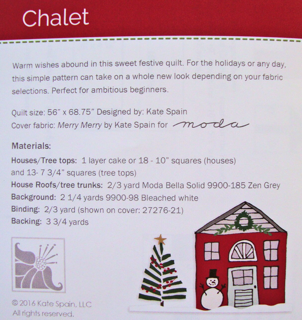 Chalet Quilt Pattern, Kate Spain KS1605, Layer Cake Friendly, Christmas Xmas Trees Winter Quilt Pattern, Trees Houses Quilt Pattern