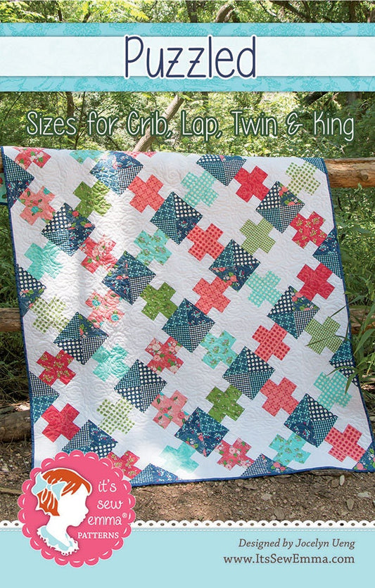 LAST CALL Puzzled Quilt Pattern, It's Sew Emma ISE159, Yardage Friendly Squares Crosses Quilt Pattern, Crib Lap Twin King Quilt Pattern