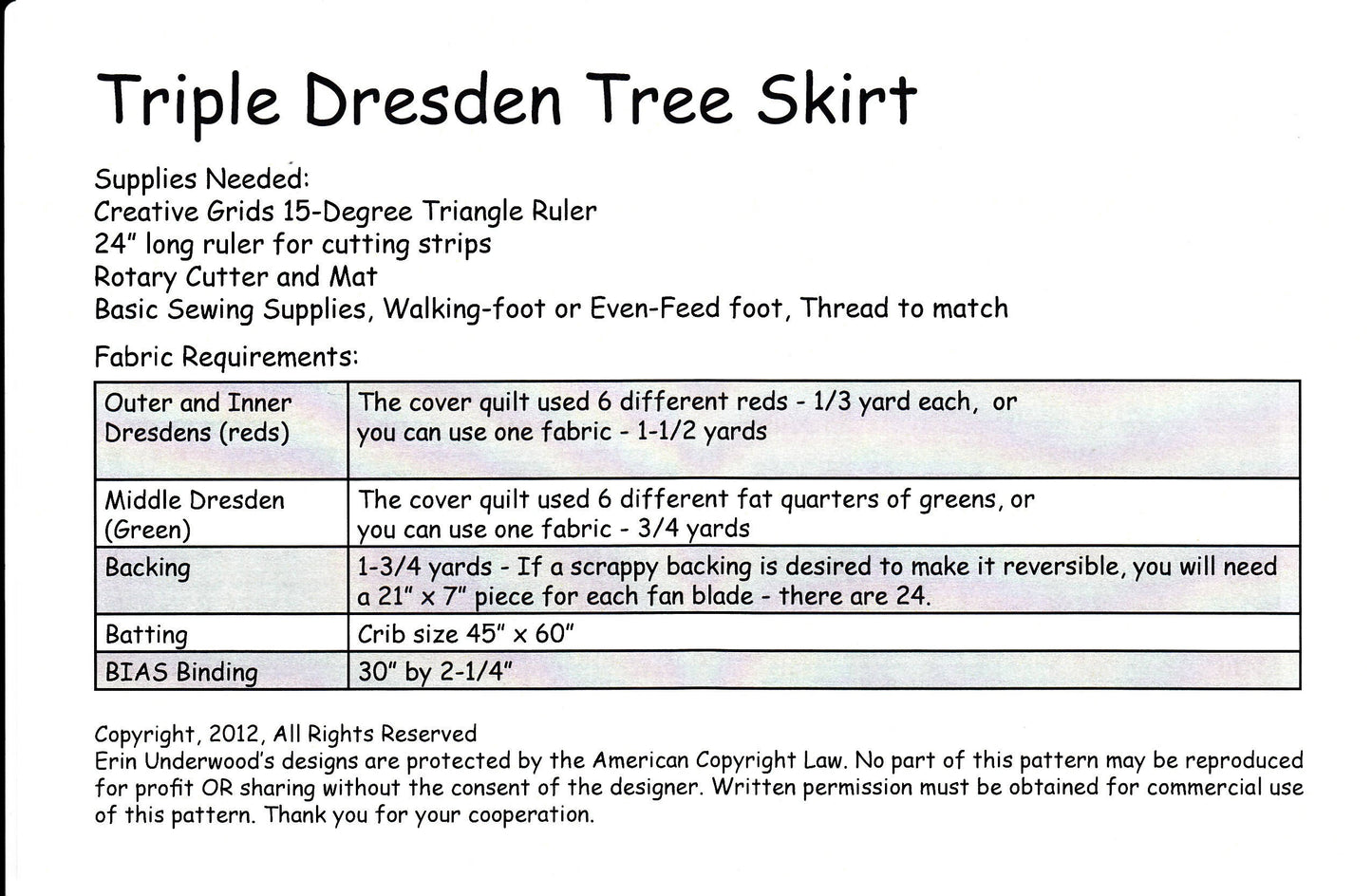 Triple Dresden Tree Skirt Pattern, Erin Underwood EUQ112, Christmas Tree Skirt Pattern, Quilt As You Go Pattern, Table Quilt Pattern